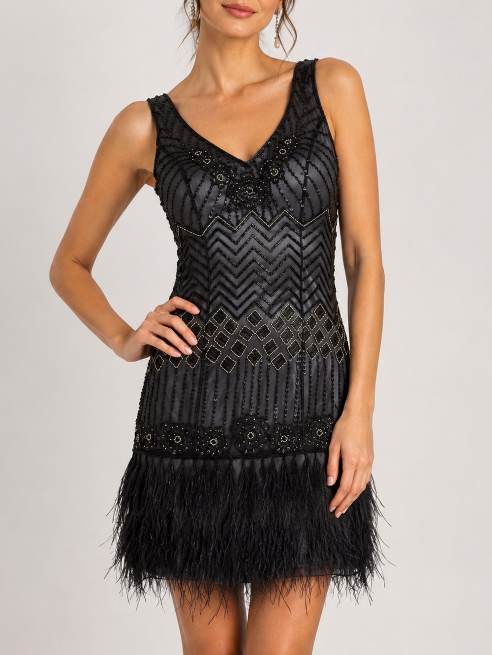 Beaded Flapper Dress Sue Wong Ostrich Feather Art Deco Gatsby Black Size 8